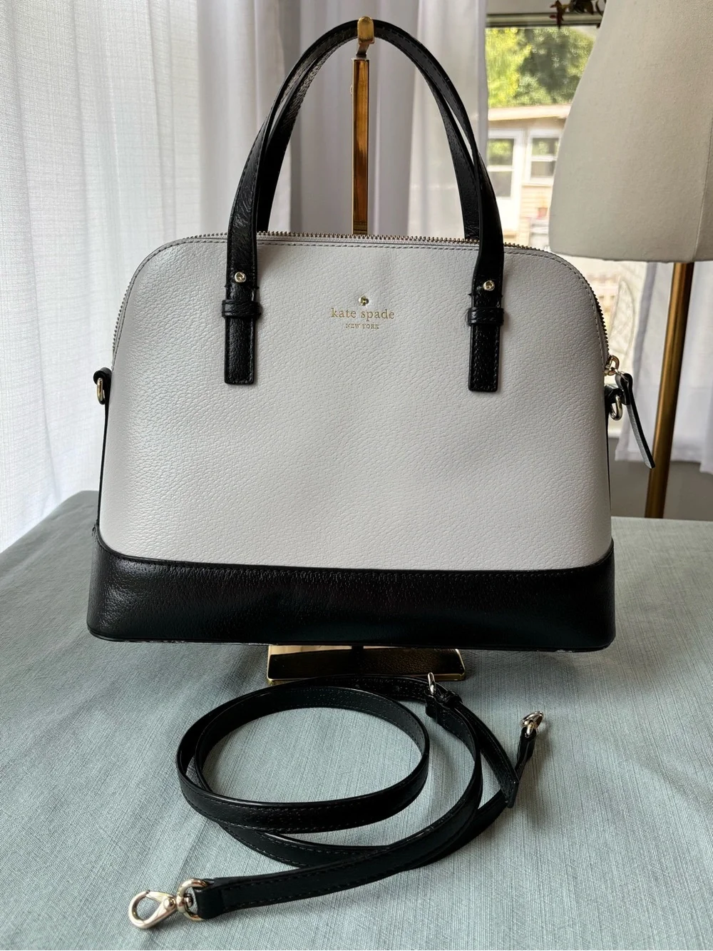 kate spade Black and Dove Gray Leather Dome Satchel with Removable Strap